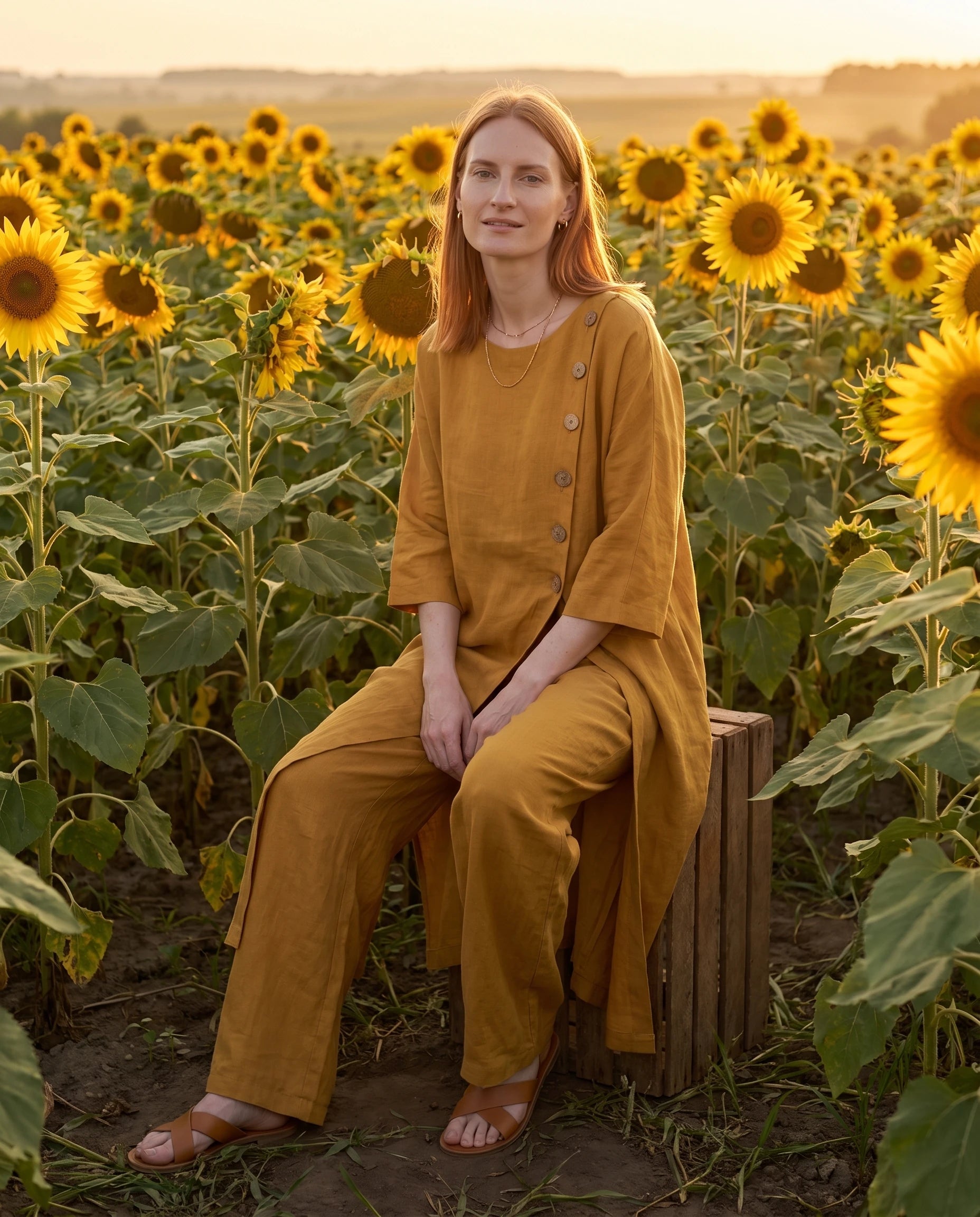 Ensemble tunique longue en lin et pantalon large Jaune assise dans un champ de tournesols - Ombeline | Zolena