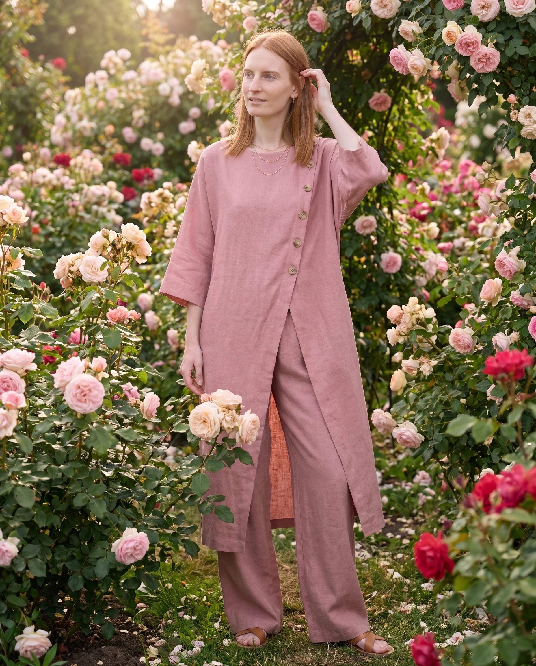 Ensemble tunique longue en lin et pantalon large Rose dans une roseraie en fleurs - Ombeline | Zolena