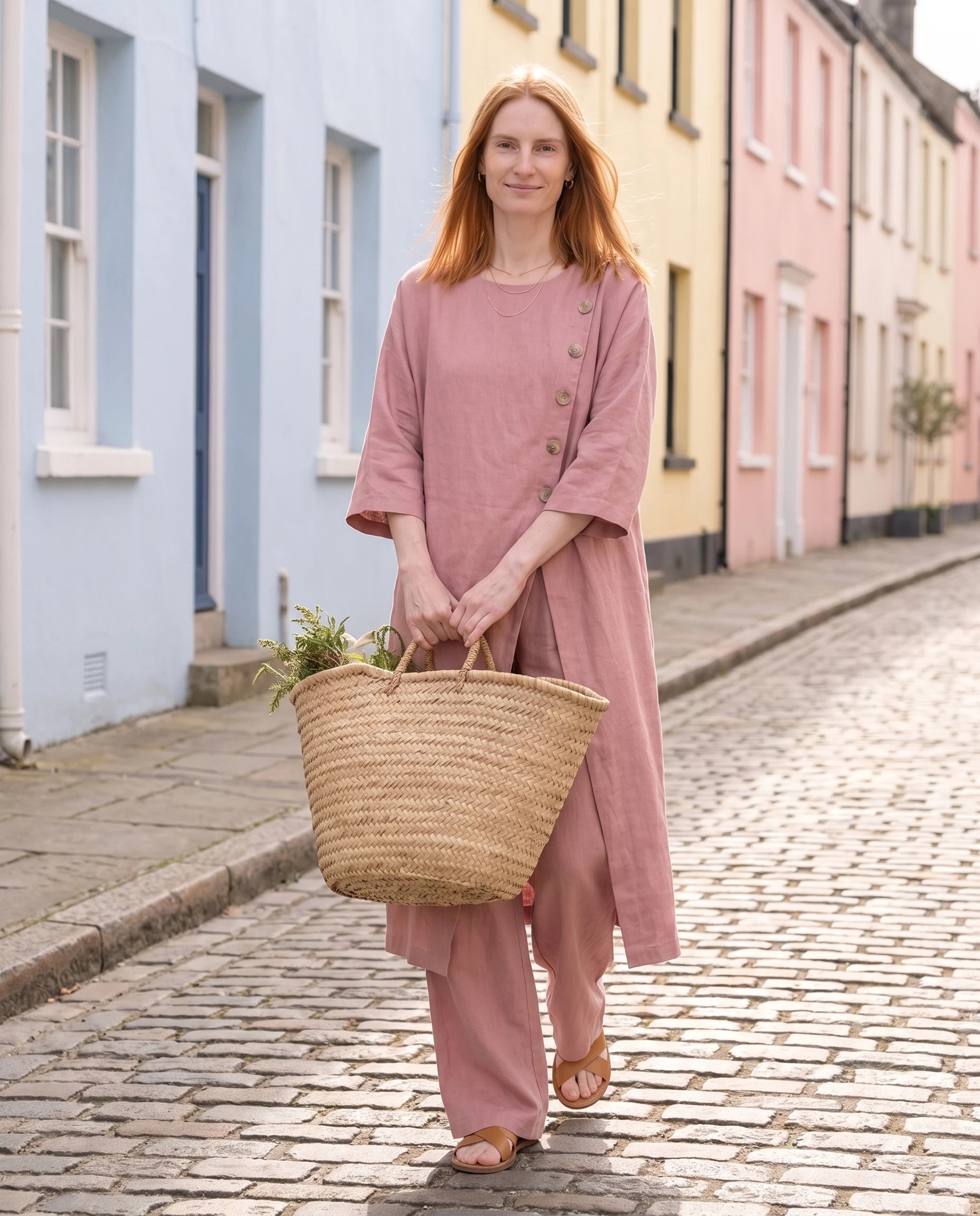 Ensemble tunique longue en lin et pantalon large Rose dans une rue aux tons pastel - Ombeline | Zolena