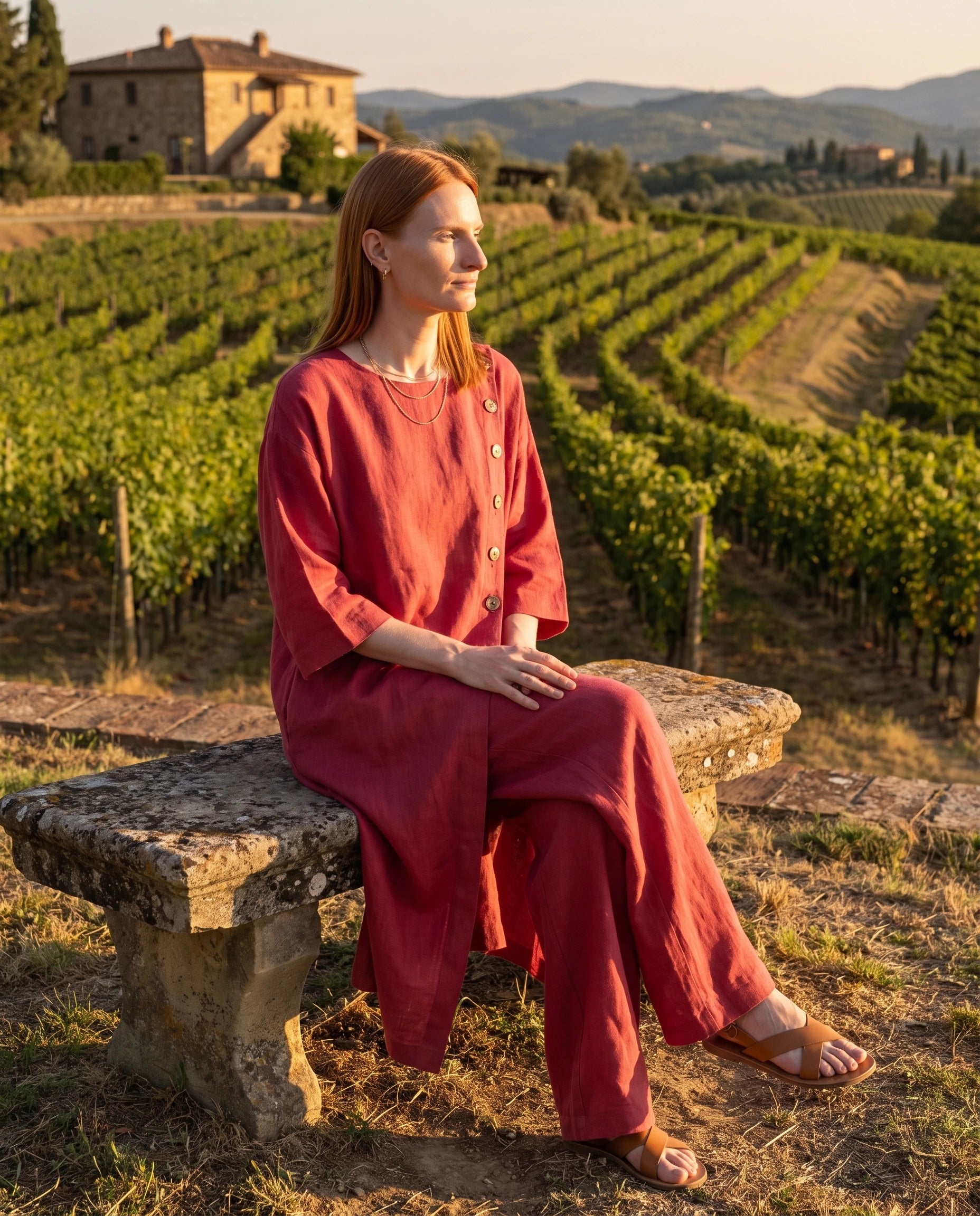 Ensemble tunique longue en lin et pantalon large Rouge Framboise assise sur une terrasse de vignoble - Ombeline | Zolena