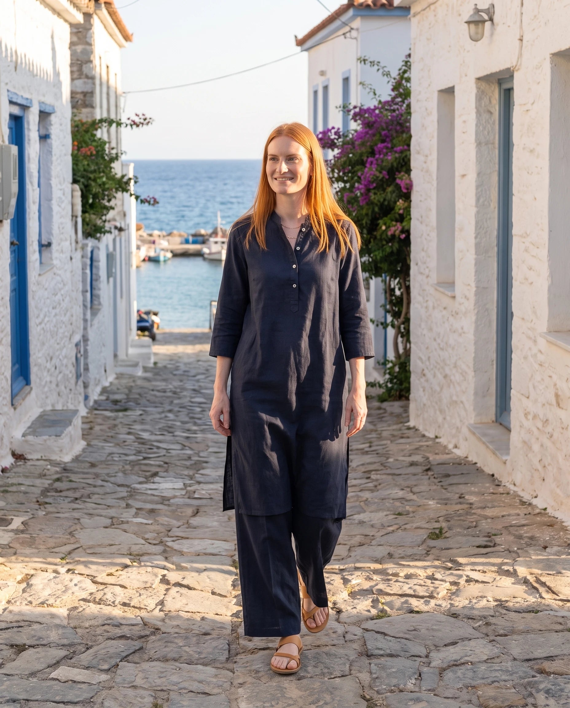 Ensemble tunique col mandarin et pantalon large Guillemette — Bleu Marine — portée, lifestyle