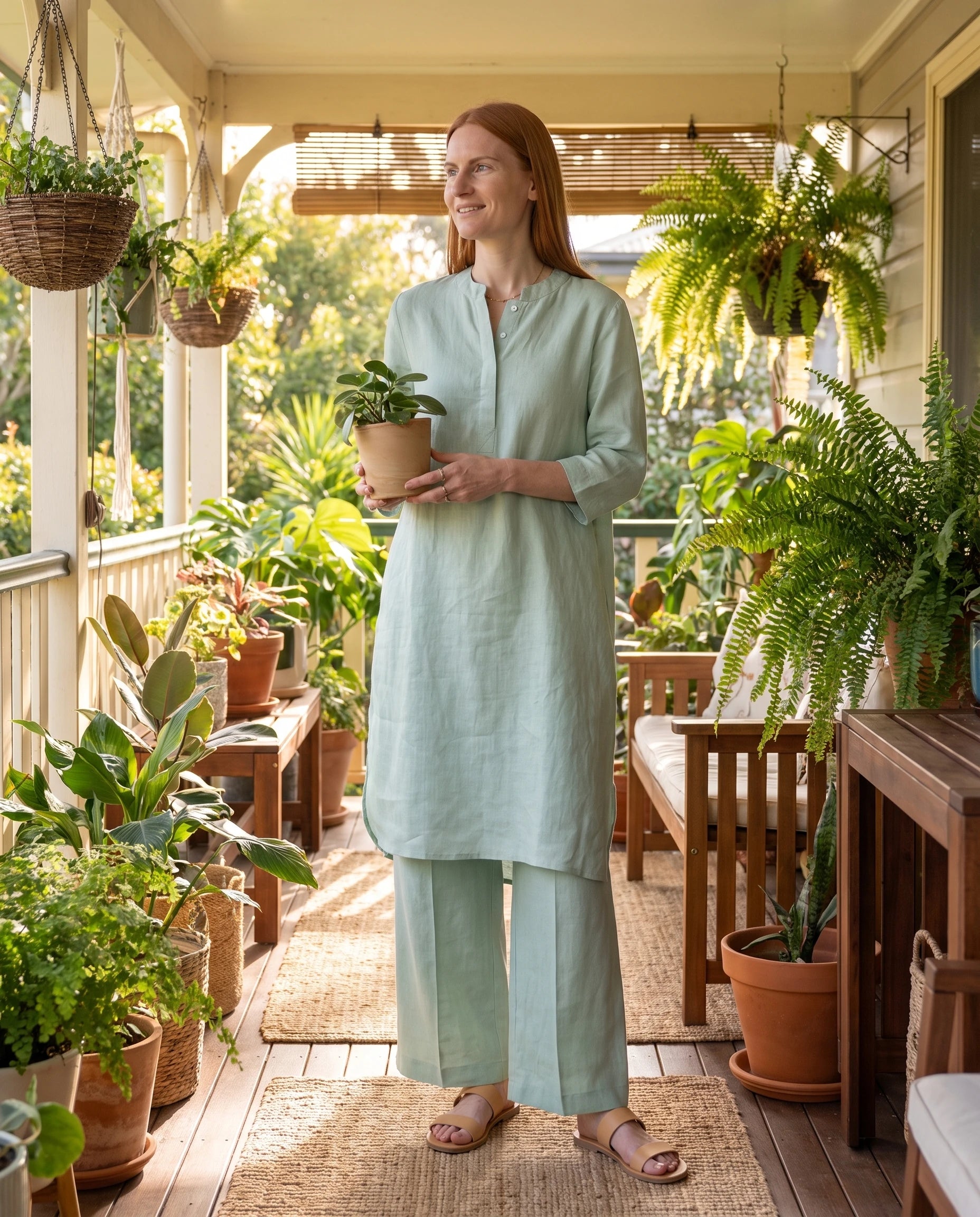 Ensemble tunique col mandarin et pantalon large Guillemette — Vert — portée, lifestyle