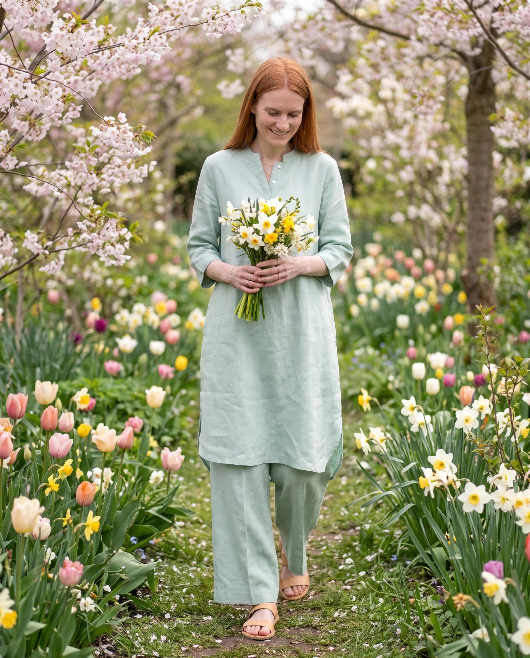 Ensemble tunique col mandarin et pantalon large Guillemette — Vert — portée, lifestyle 2