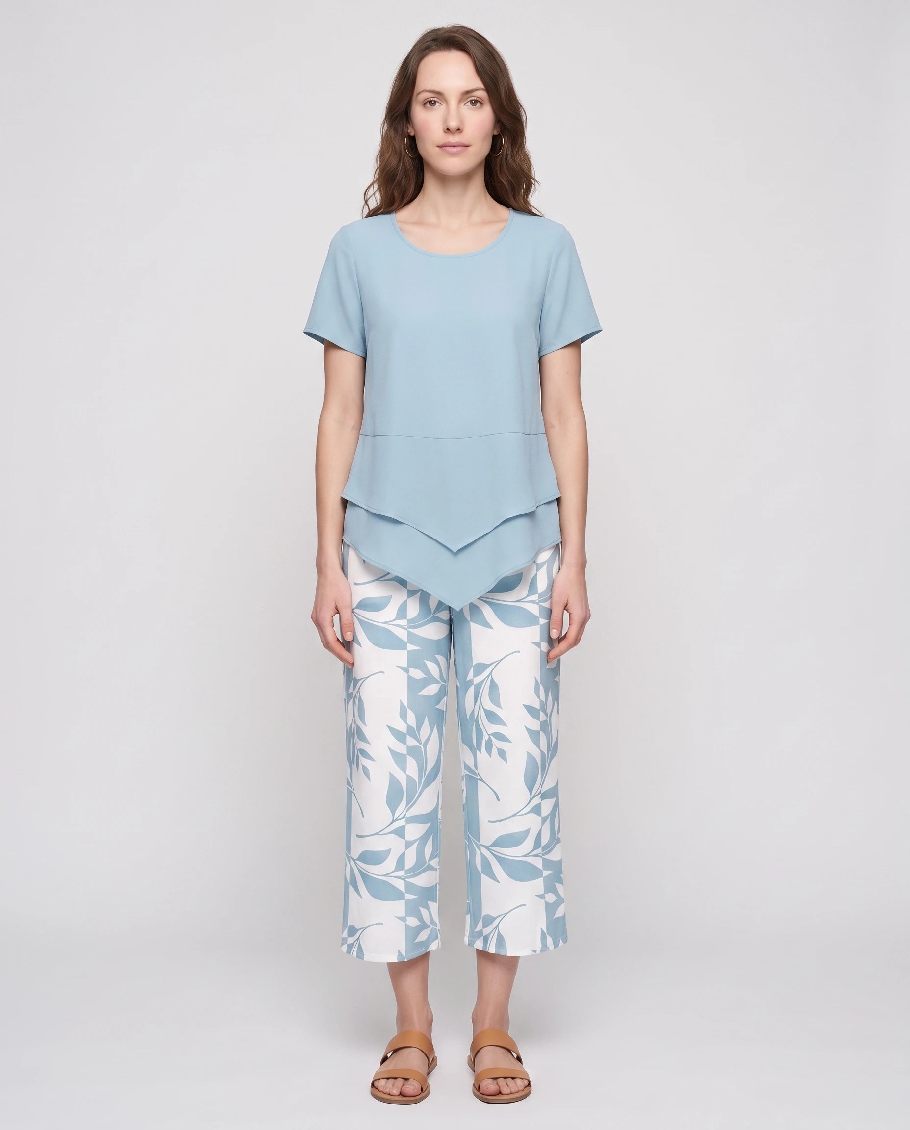 Ensemble tunique superposée et pantalon imprimé Quitterie — Bleu — vue face studio