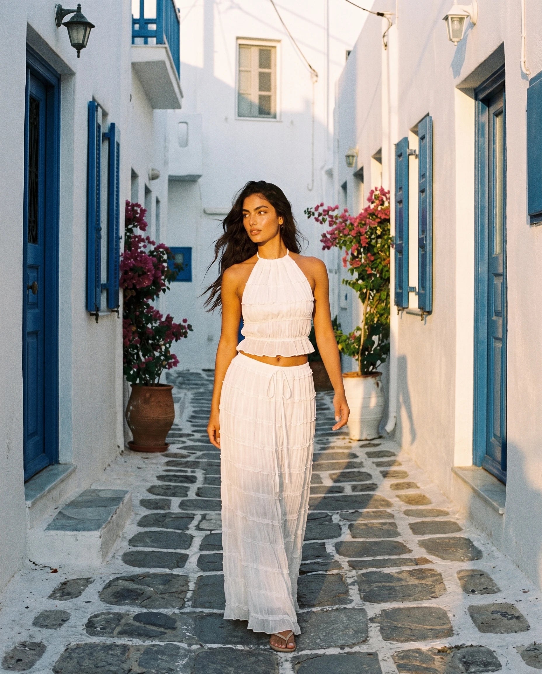 Ensemble jupe longue à volants Blanc — lifestyle ruelle grecque