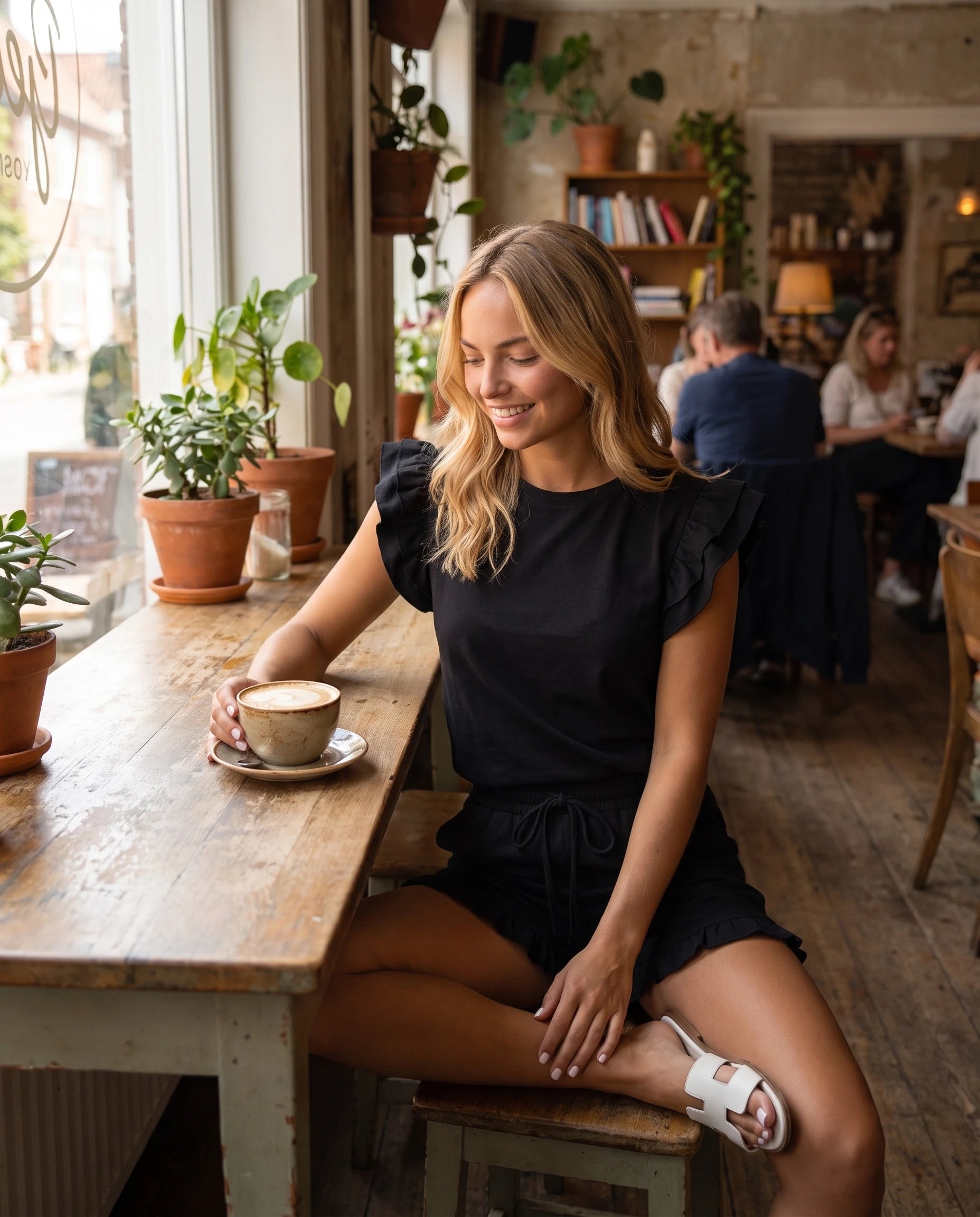 Ensemble top à volants et short Pétronille — Noir — portée, lifestyle 2