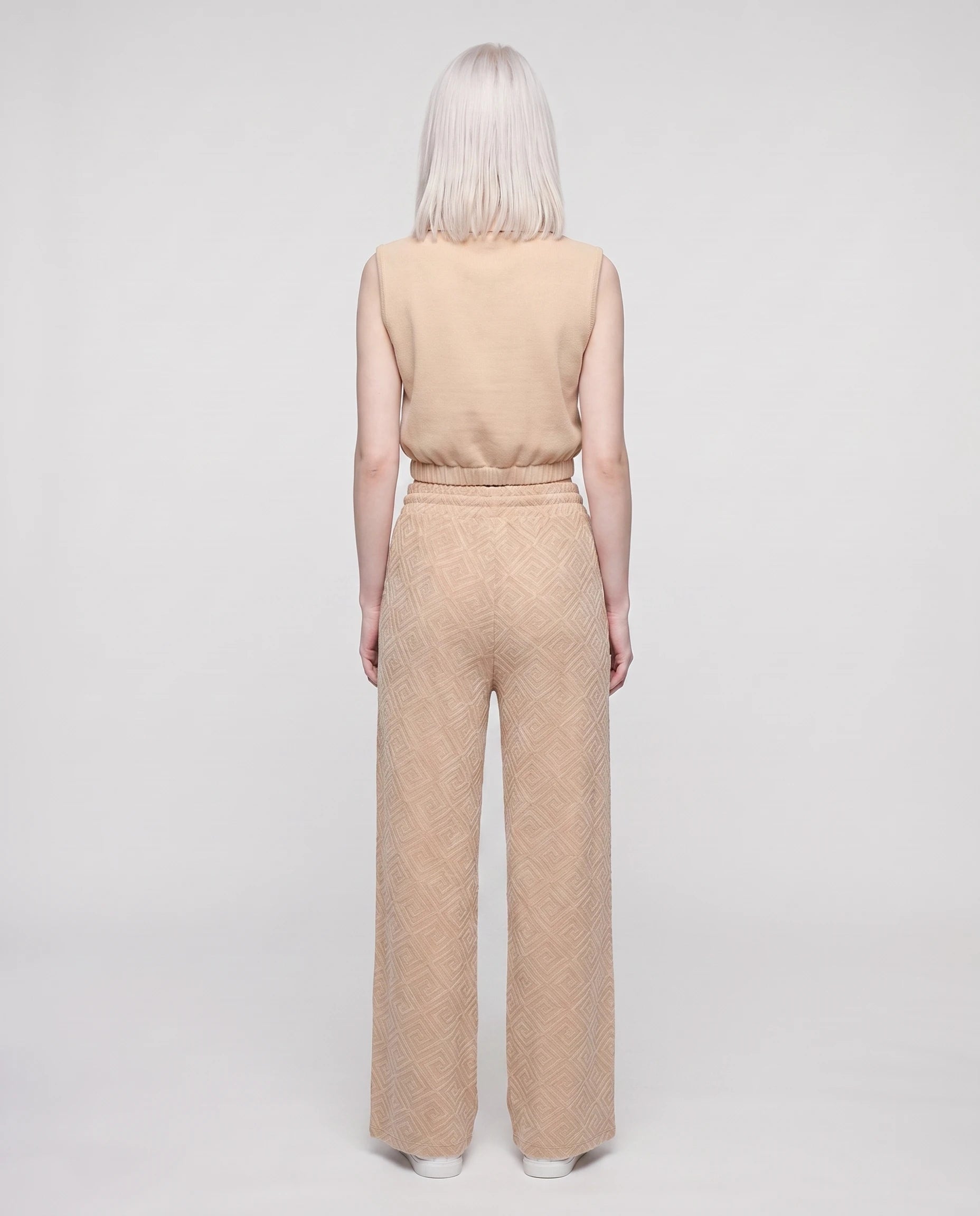 Ensemble top col polo sans manches et pantalon large Gersende — Beige — vue dos studio