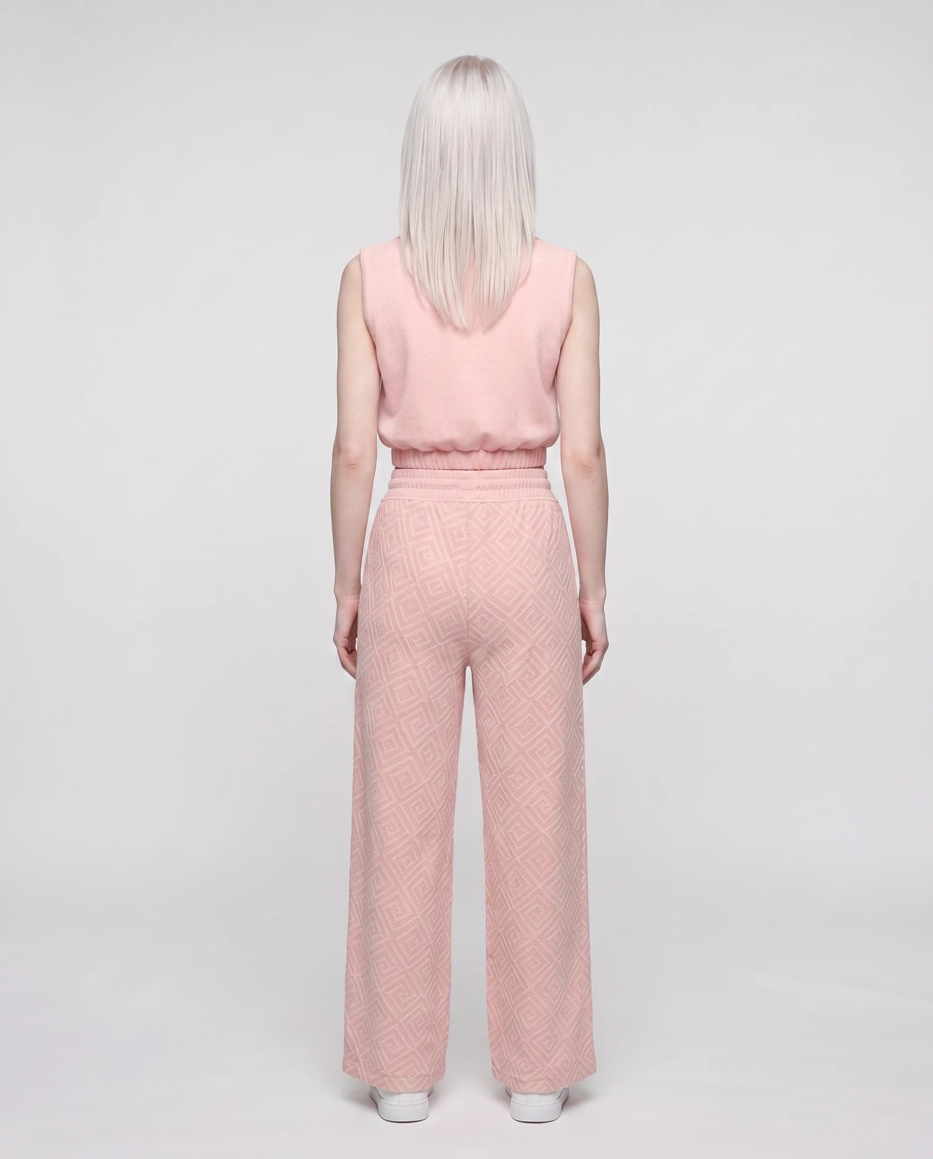 Ensemble top col polo sans manches et pantalon large Gersende — Rose Poudré — vue dos studio