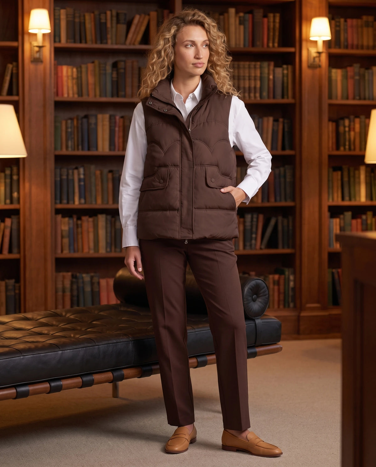 Gilet matelassé court à col montant Sylvie en Chocolat Foncé, porté dans une bibliothèque aux rayonnages de bois