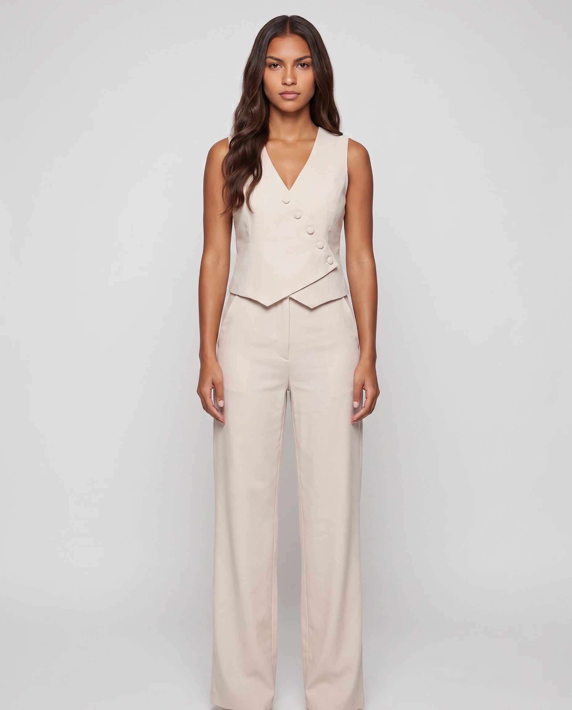 Ensemble gilet croisé et pantalon large beige — vue de face studio