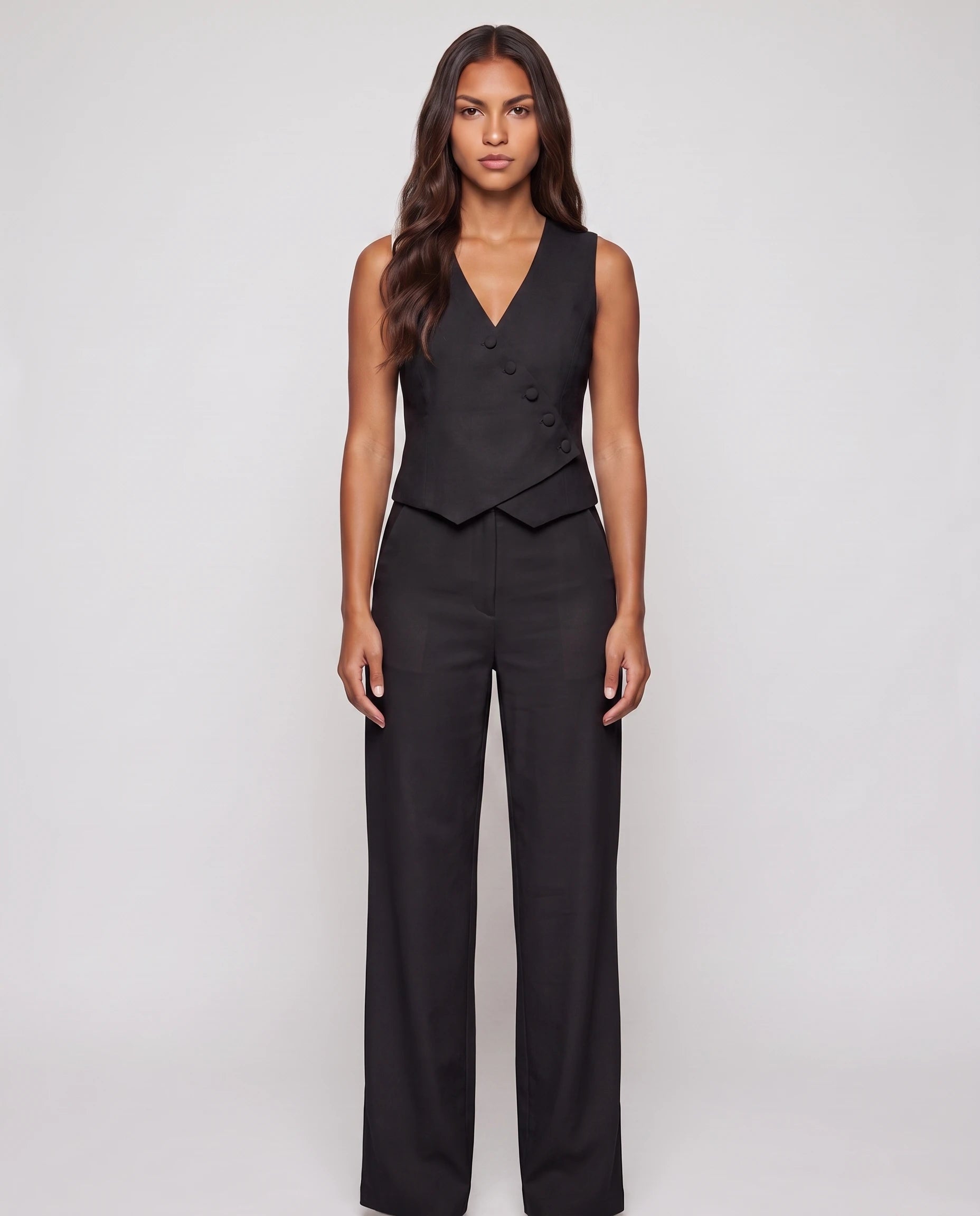 Ensemble gilet croisé et pantalon large noir — vue de face studio