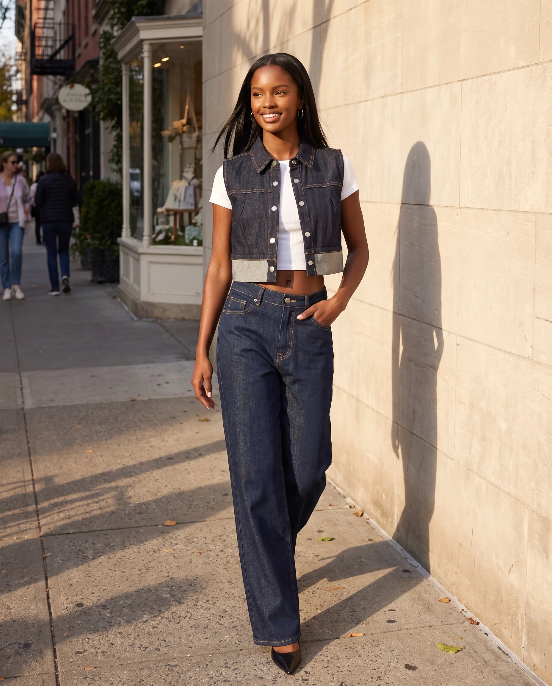 Gilet en jean indigo brut Perle, porté en marchant dans une rue ensoleillée