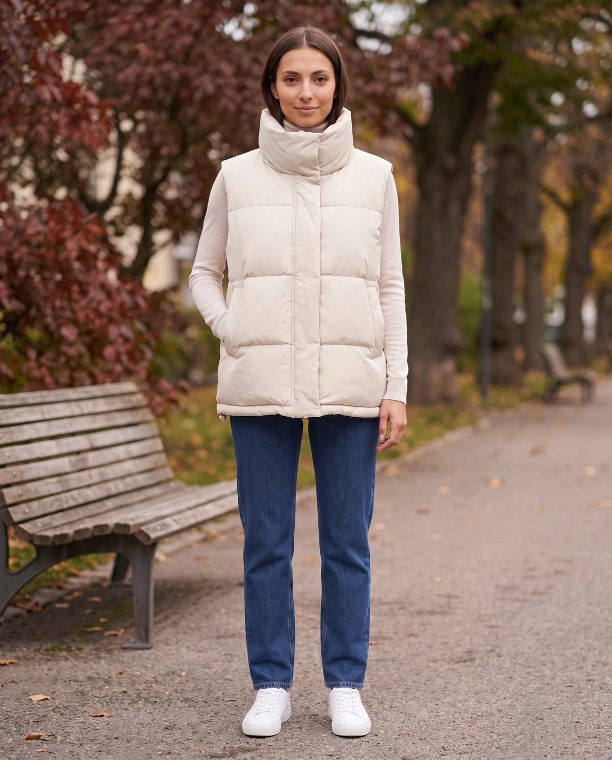 Gilet matelassé oversize à grand col montant et ourlet à cordon Liliane en Blanc Cassé, portée dans une allée de parc en automne près d'un banc