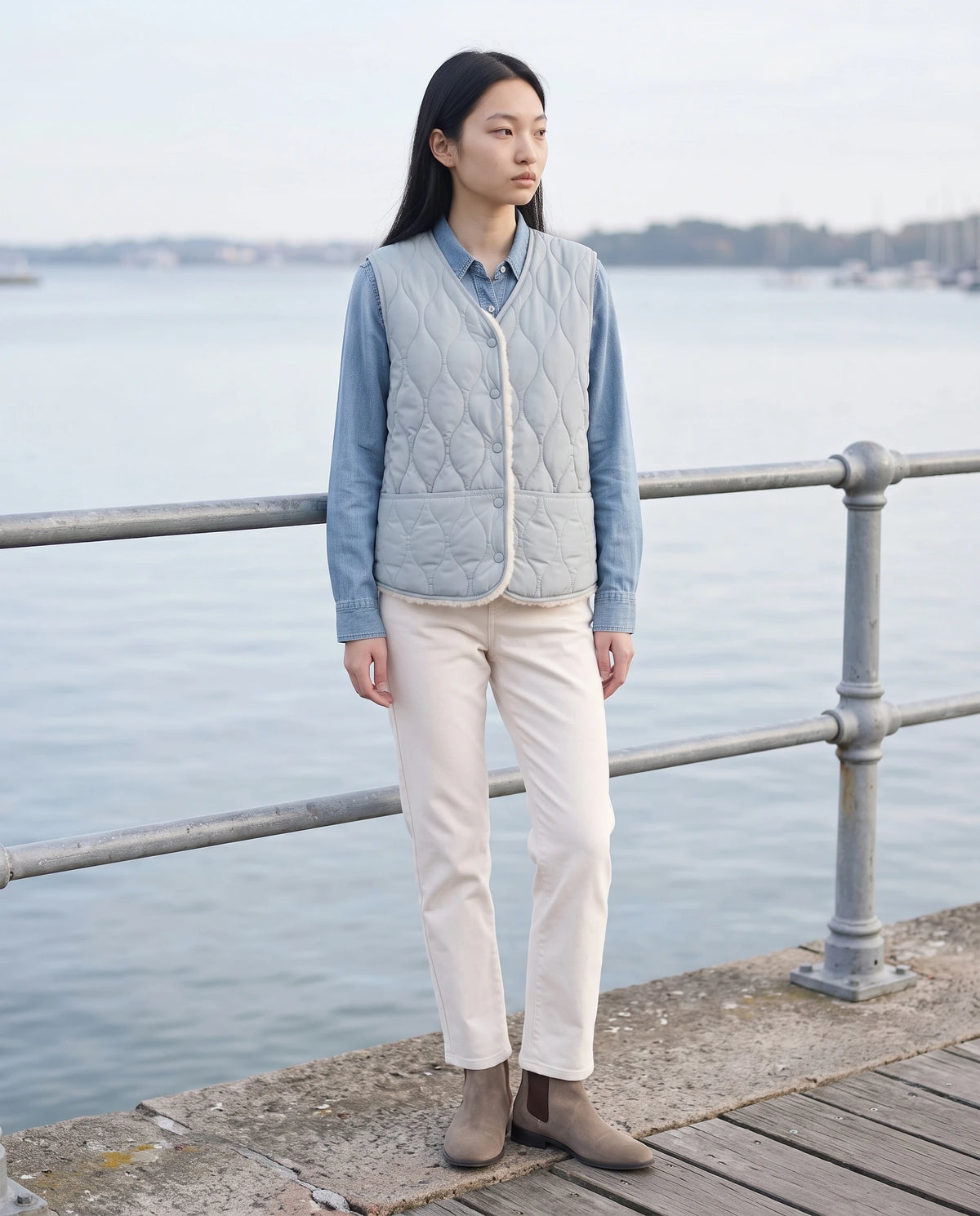 Gilet matelassé doublé sherpa à col V Amaline — Bleu Givré, porté sur un quai au bord de l’eau