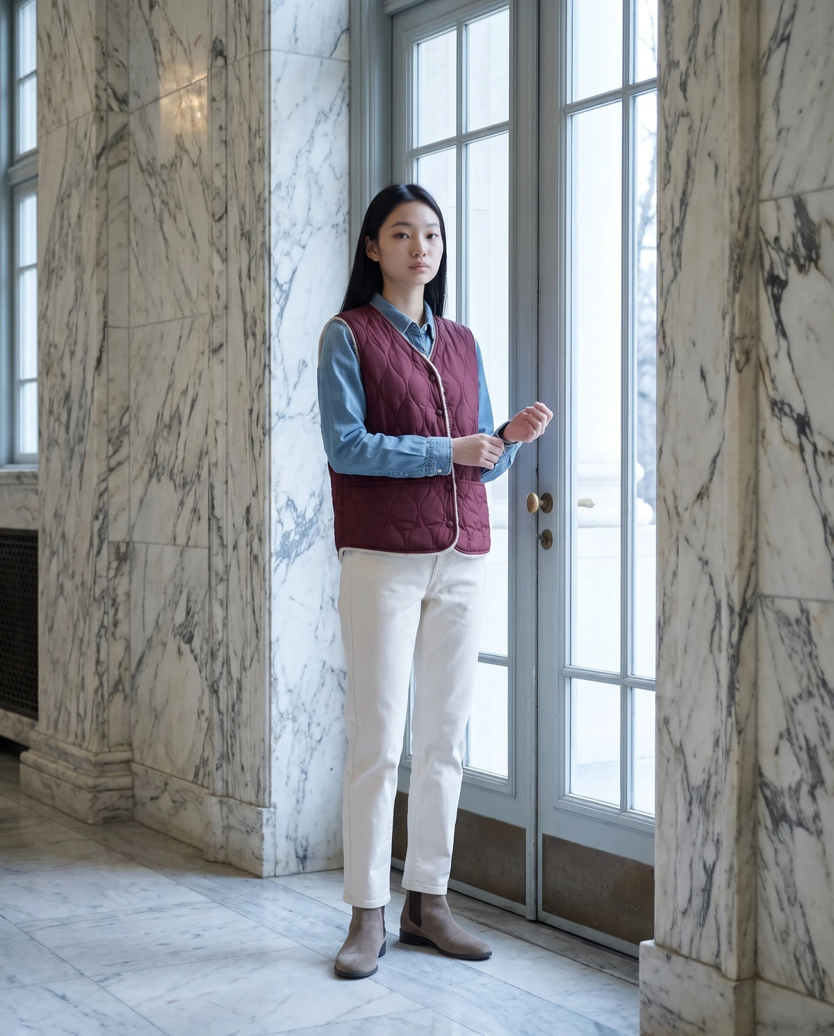 Gilet matelassé doublé sherpa à col V Amaline — Bordeaux, porté dans un hall en marbre