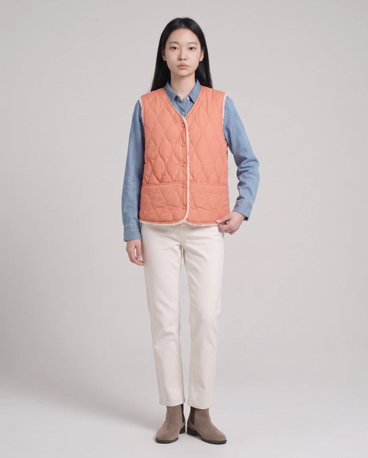 Gilet matelassé doublé sherpa à col V Amaline — Corail, vue de face en pied