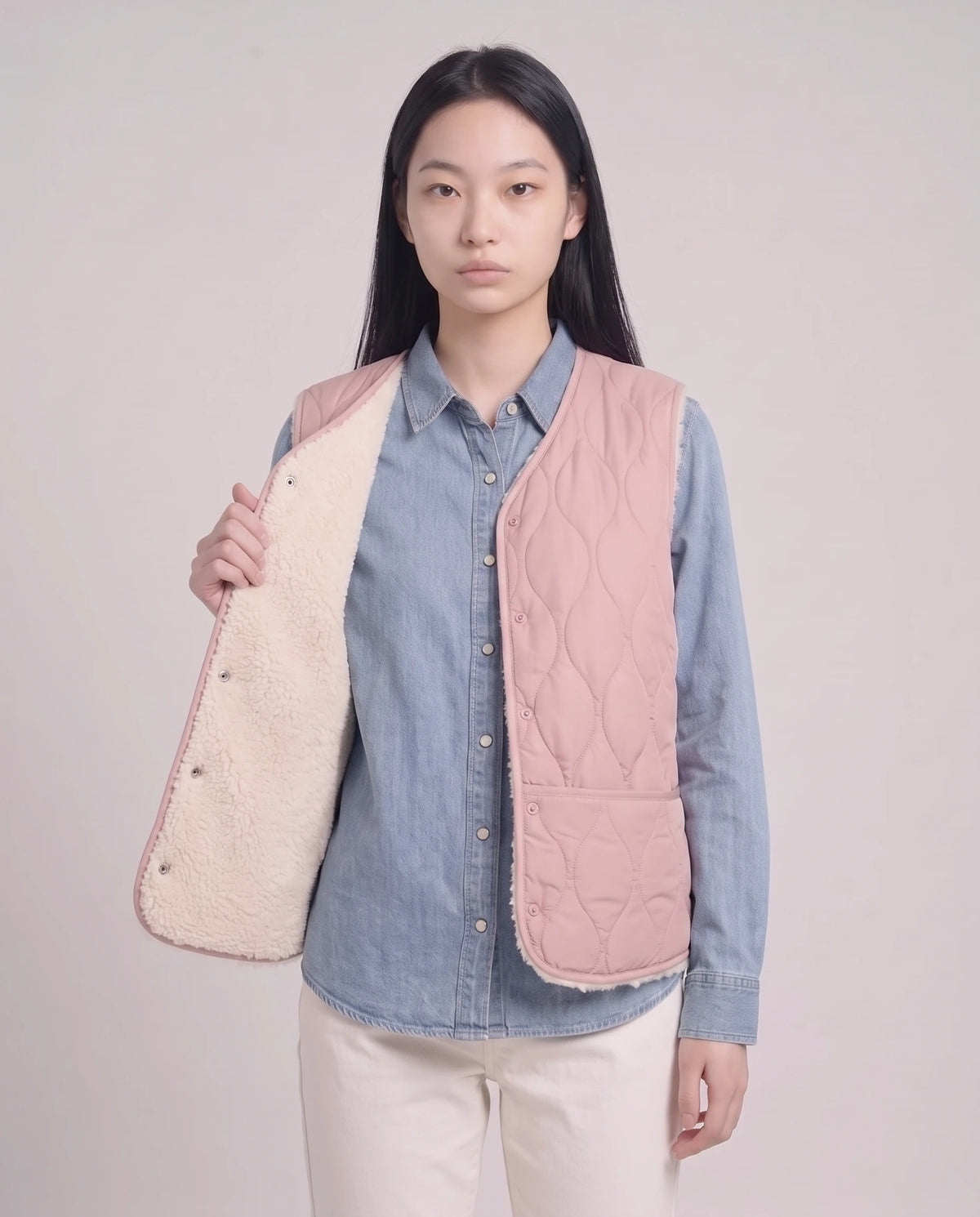 Gilet matelassé doublé sherpa à col V Amaline — Rose Poudré, porté ouvert sur une chemise en jean, doublure sherpa visible