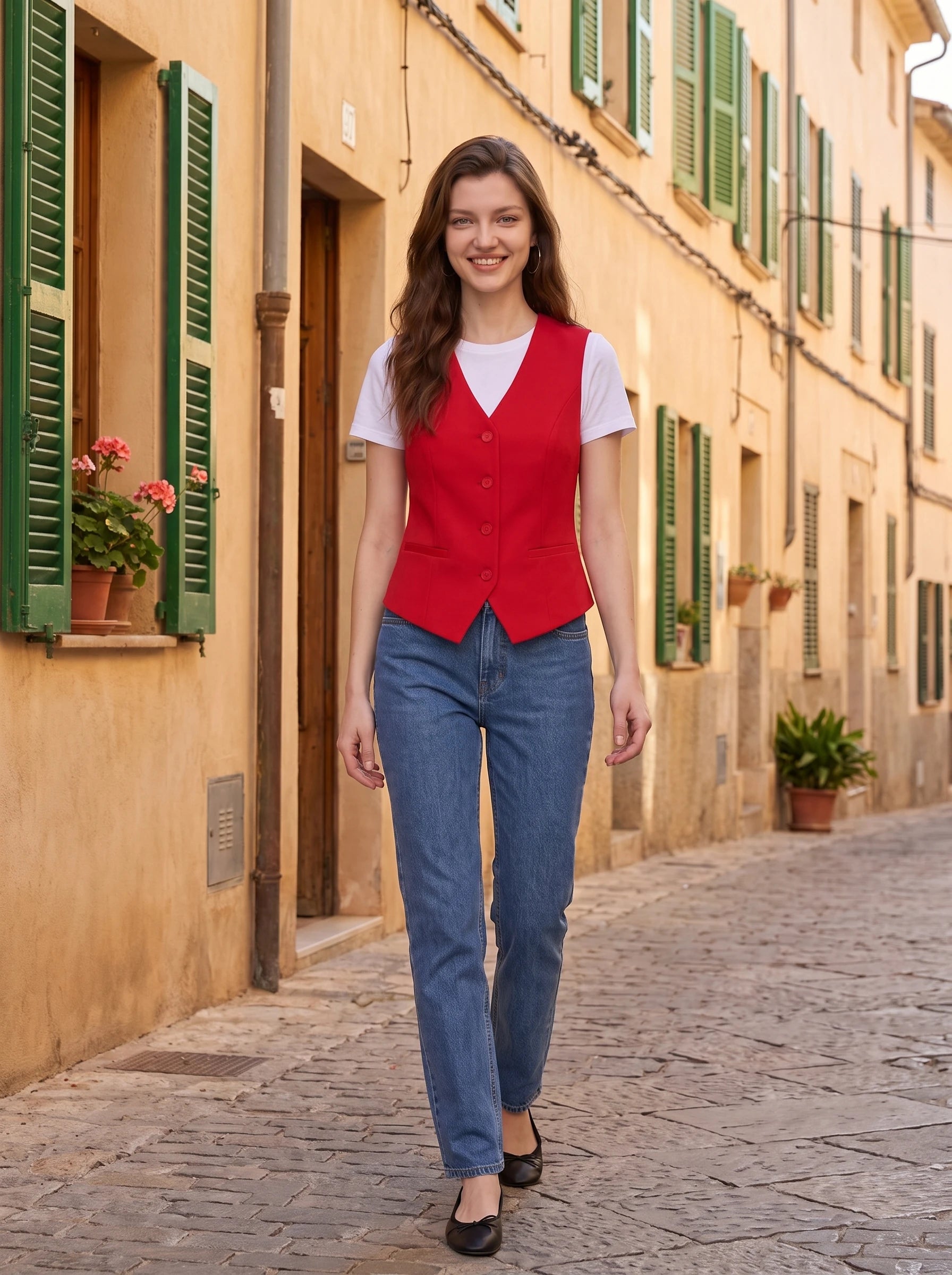 Gilet de tailleur rouge Marthe, porté dans une ruelle aux façades ocre