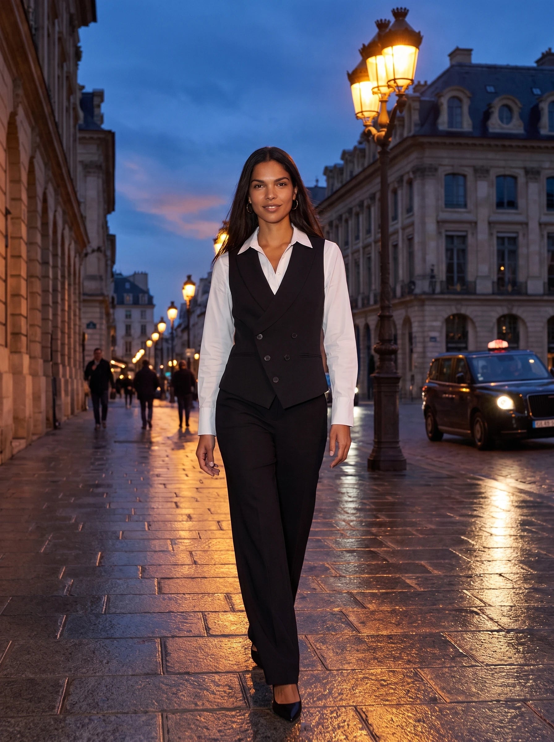 Gilet de tailleur noir Morgane, porté dans une rue haussmannienne à l'heure bleue
