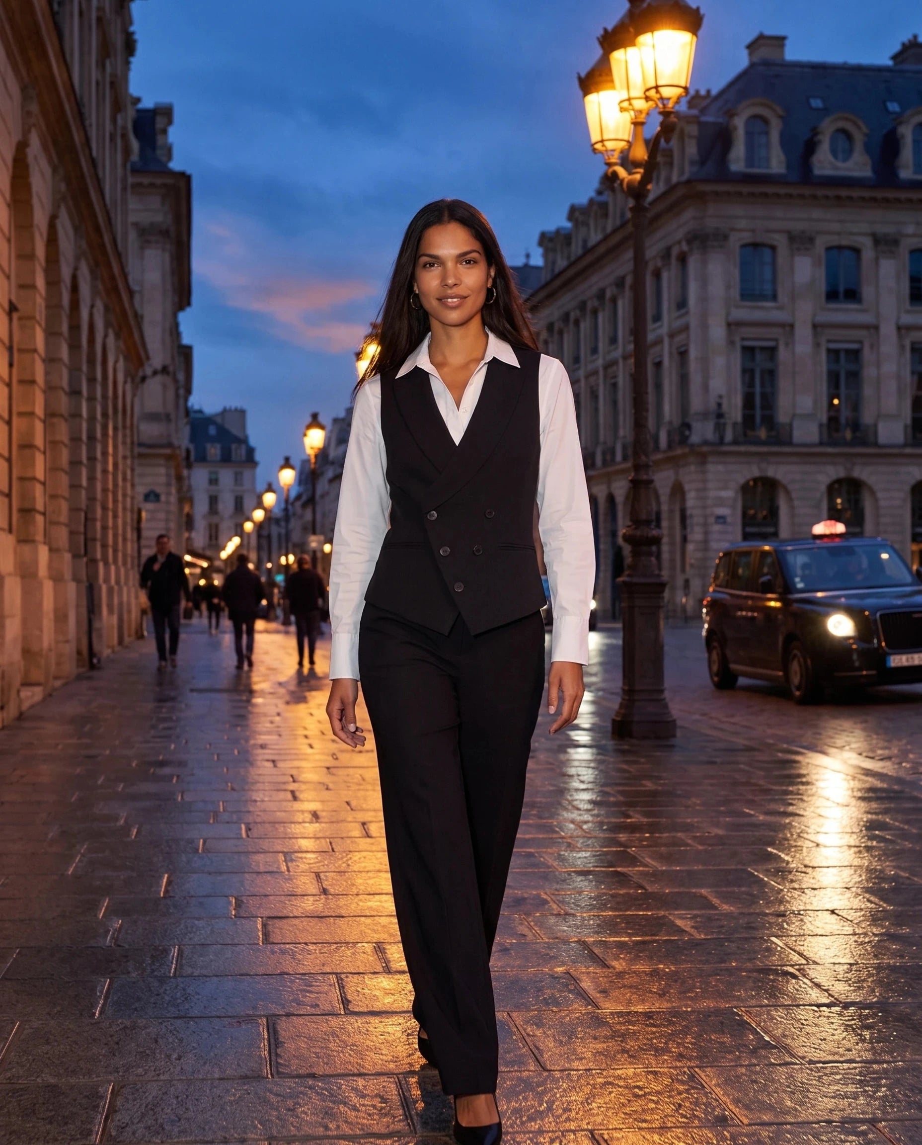 Gilet de tailleur noir Morgane, porté dans une rue haussmannienne à l'heure bleue