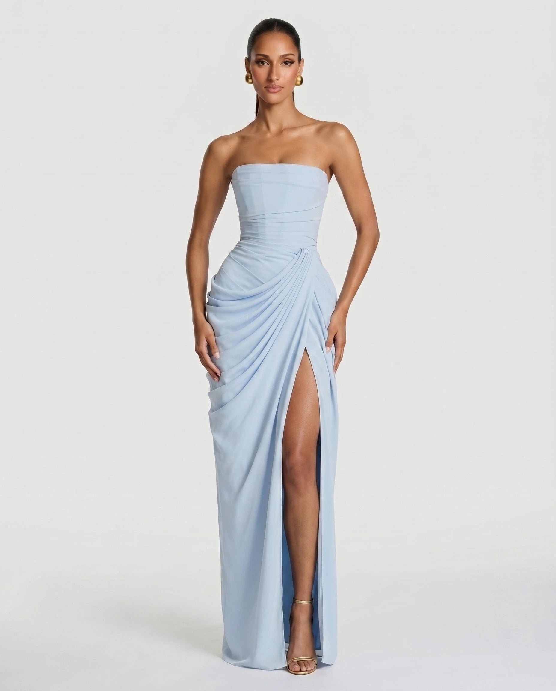 Robe longue bustier bleu glacier, face plein pied fente