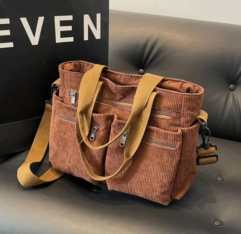 Grand sac à main cabas bandoulière de cours en velours côtelé multipoches Élina