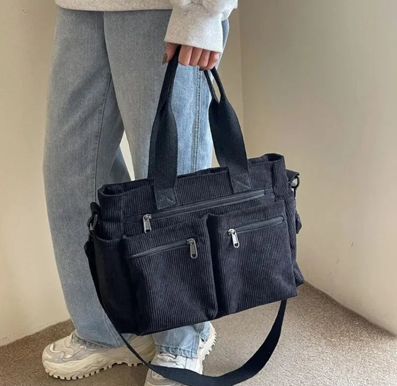 Grand sac à main cabas bandoulière de cours en velours côtelé multipoches Élina