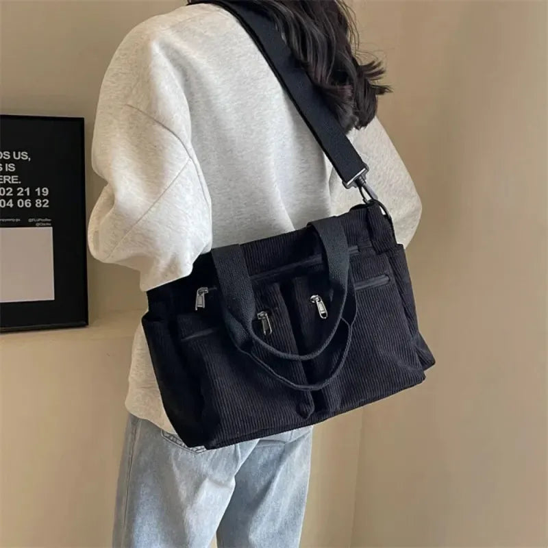 Grand sac à main cabas bandoulière de cours en velours côtelé multipoches Élina