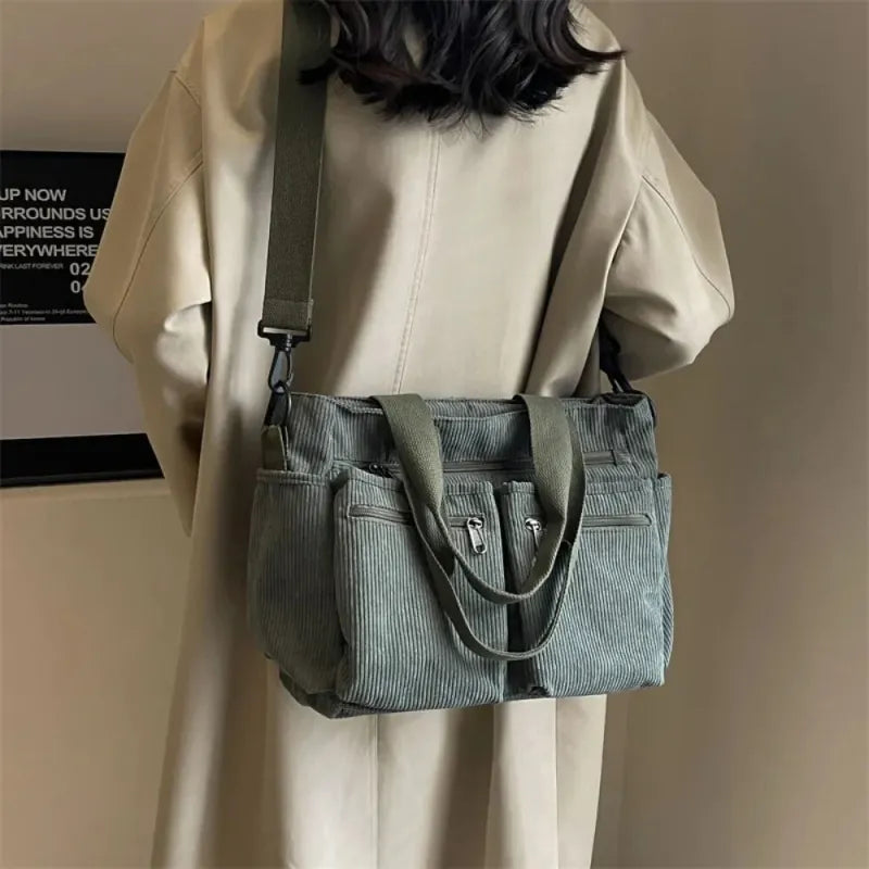 Grand sac à main cabas bandoulière de cours en velours côtelé multipoches Élina