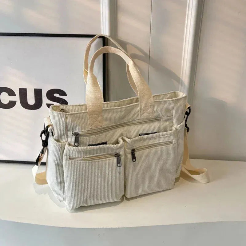 Grand sac à main cabas bandoulière de cours en velours côtelé multipoches Élina
