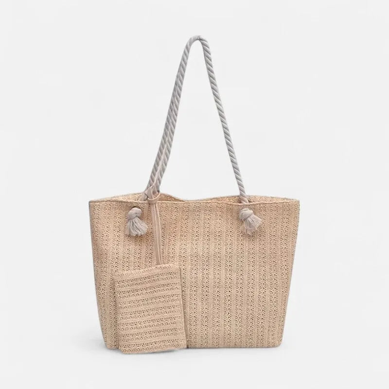 Grand sac à main cabas en paille avec anses en corde et pochette assortie Livia
