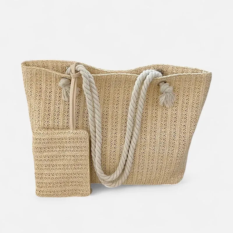 Grand sac à main cabas en paille avec anses en corde et pochette assortie Livia
