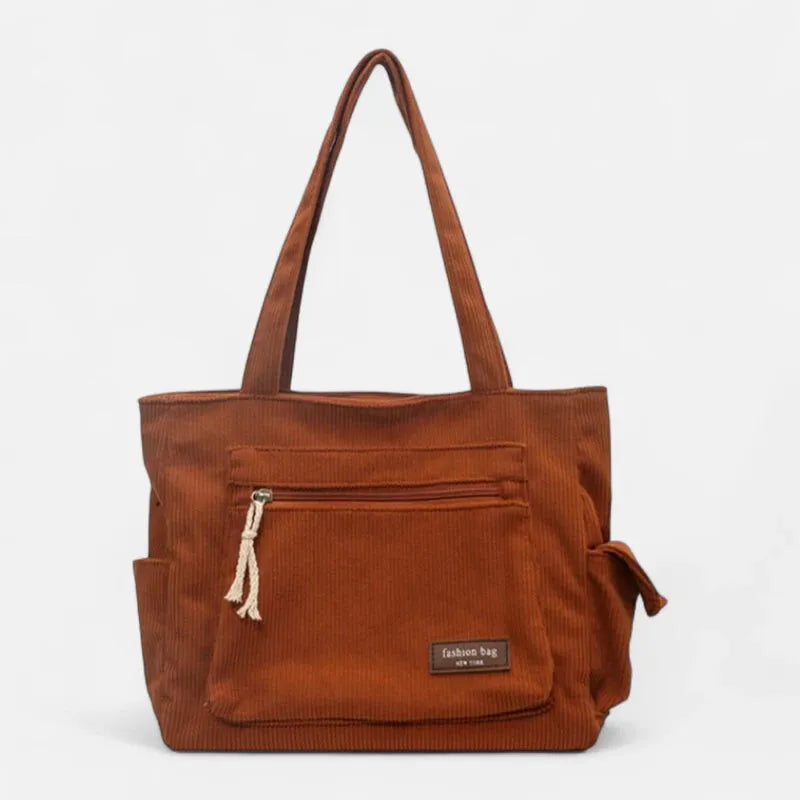 Grand sac à main cabas multipoches en velours côtelé Léonie