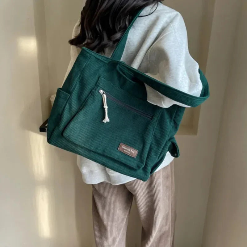 Grand sac à main cabas multipoches en velours côtelé Léonie