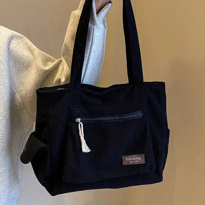 Grand sac à main cabas multipoches en velours côtelé Léonie