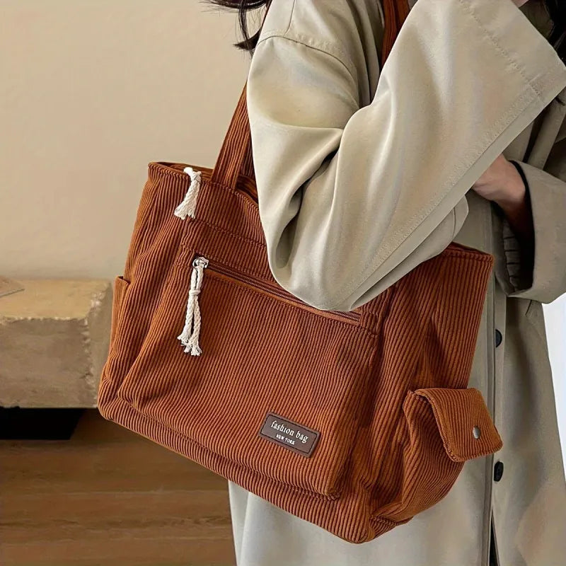 Grand sac à main cabas multipoches en velours côtelé Léonie