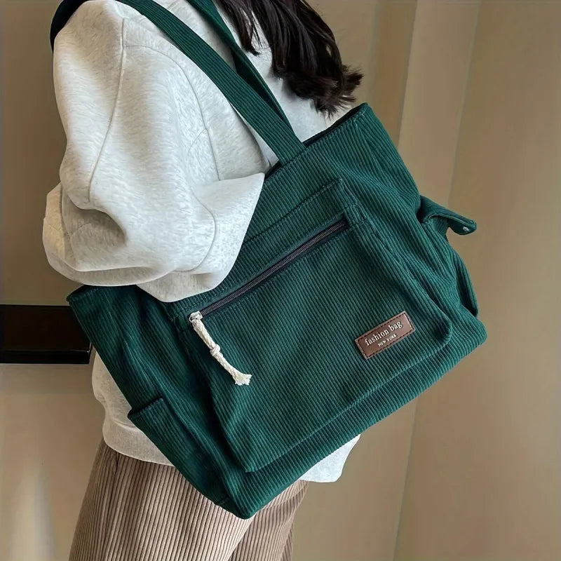 Grand sac à main cabas multipoches en velours côtelé Léonie