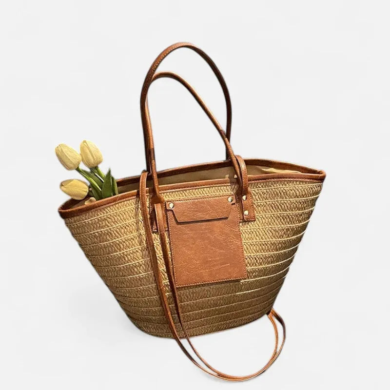 Grand sac à main cabas panier en paille double porté Anaëlle