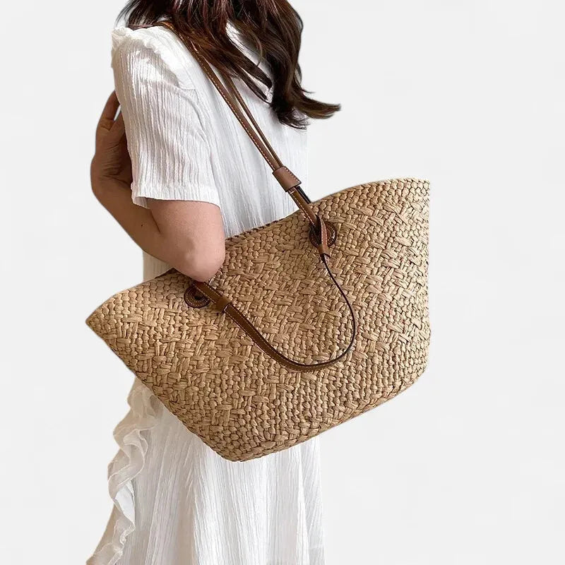Grand sac à main cabas panier en paille double porté Louna