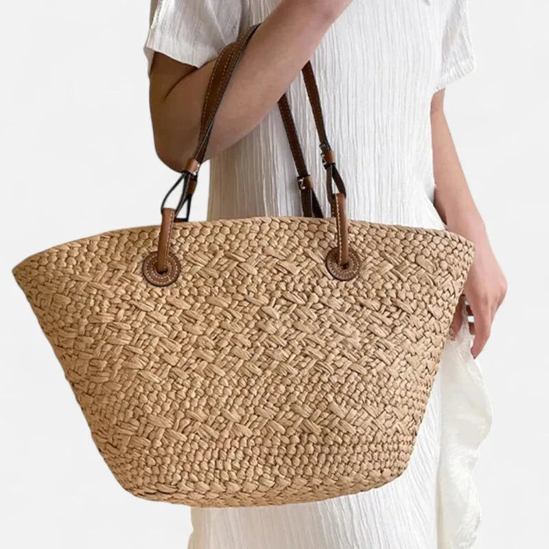 Grand sac à main cabas panier en paille double porté Louna