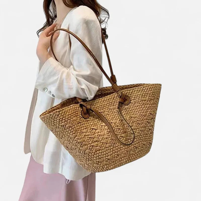 Grand sac à main cabas panier en paille double porté Louna