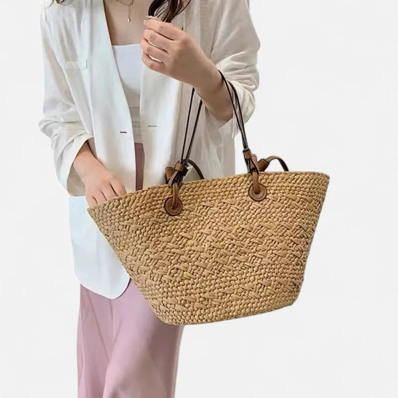 Grand sac à main cabas panier en paille double porté Louna