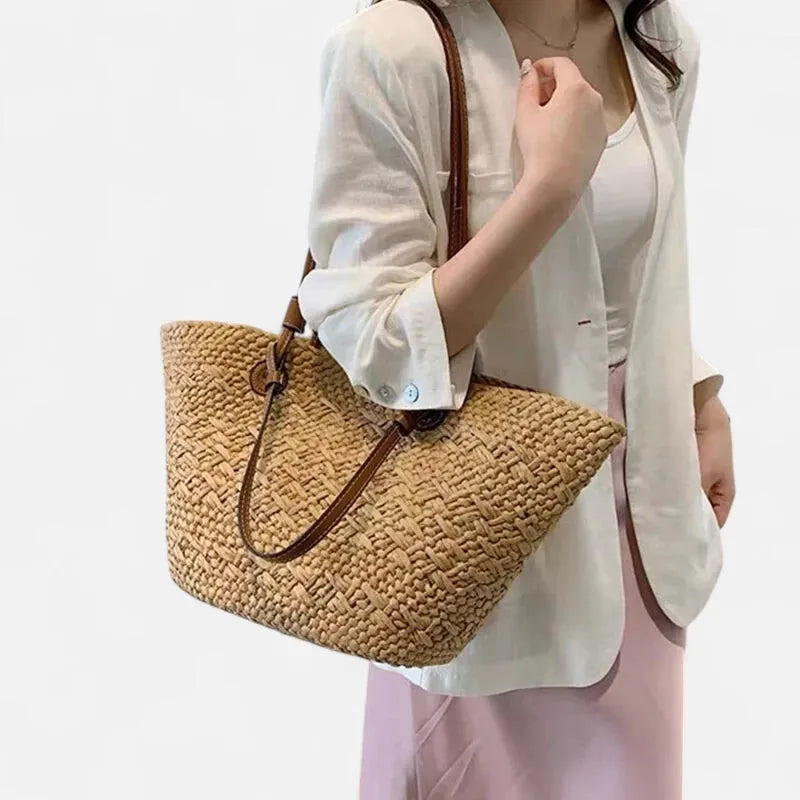 Grand sac à main cabas panier en paille double porté Louna