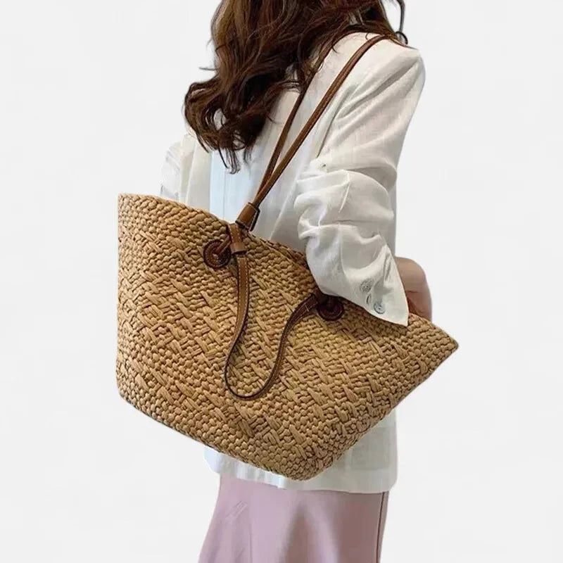 Grand sac à main cabas panier en paille double porté Louna