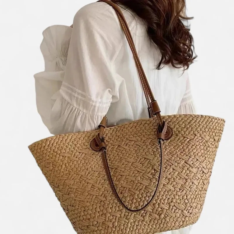 Grand sac à main cabas panier en paille double porté Louna