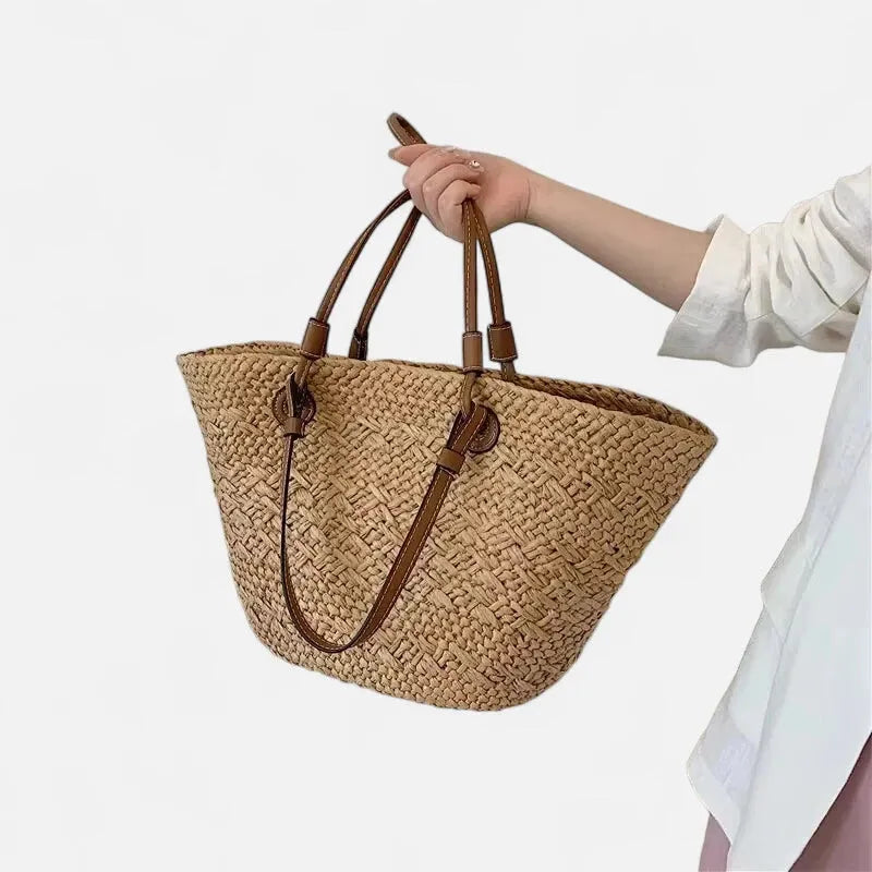 Grand sac à main cabas panier en paille double porté Louna