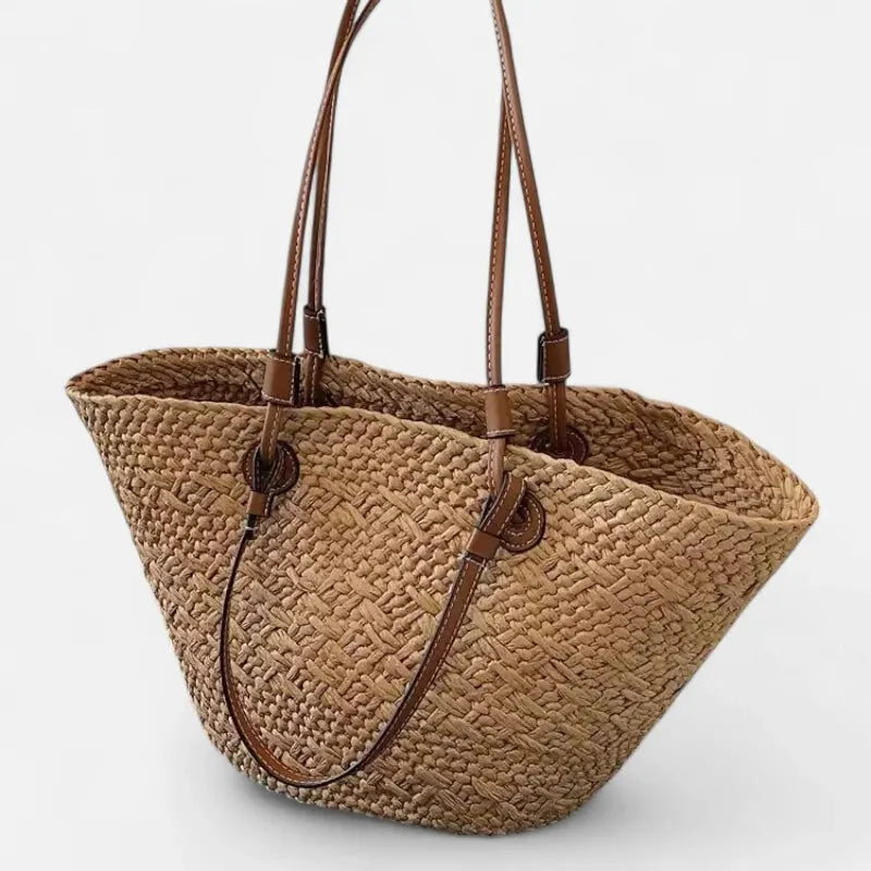 Grand sac à main cabas panier en paille double porté Louna