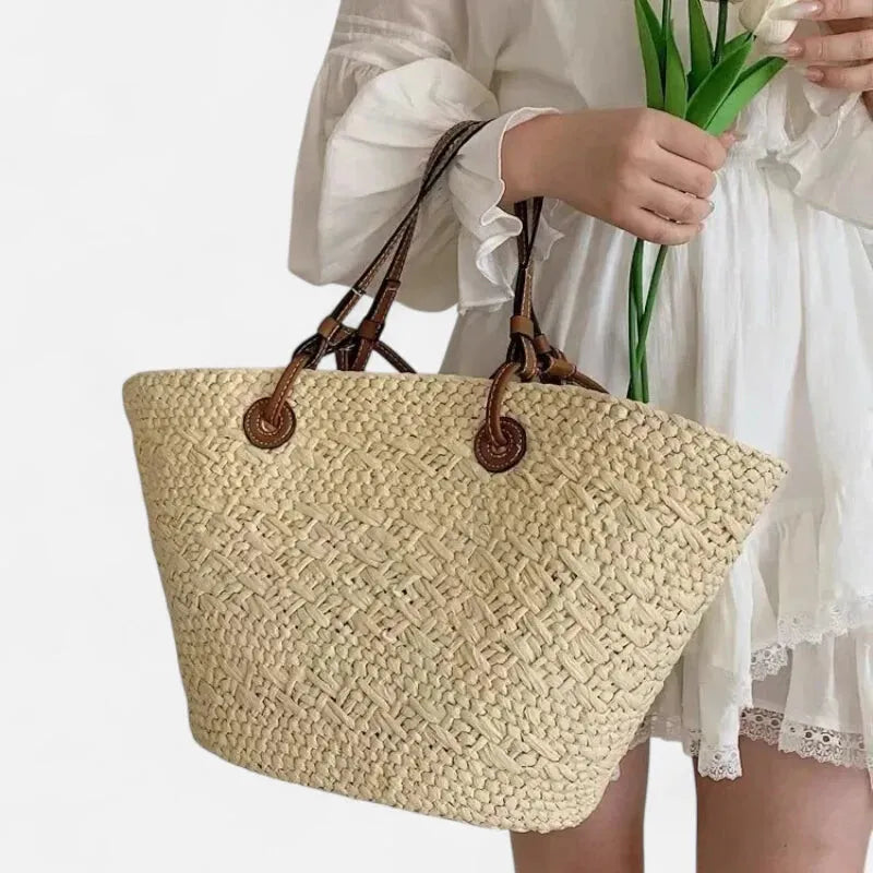 Grand sac à main cabas panier en paille double porté Louna