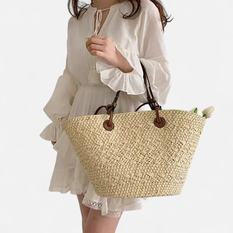 Grand sac à main cabas panier en paille double porté Louna