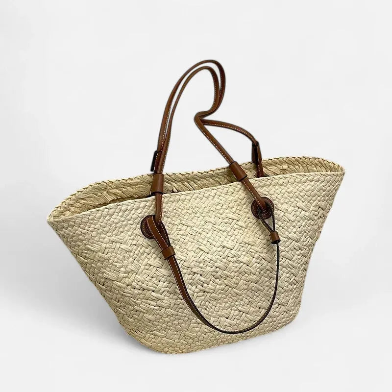 Grand sac à main cabas panier en paille double porté Louna